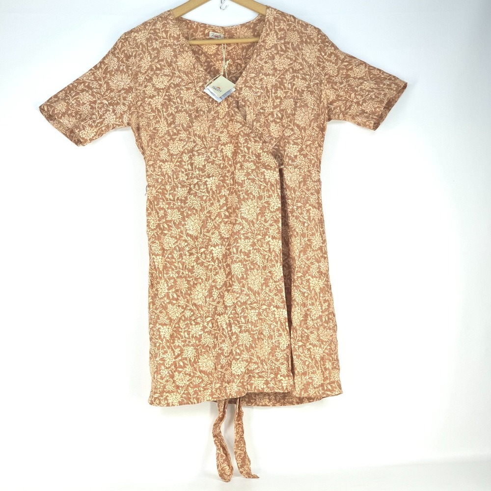 Faherty Ashley Linen Wrap Dress‎ Womens Small Bronze Riviera Floral NWT Bohemian
